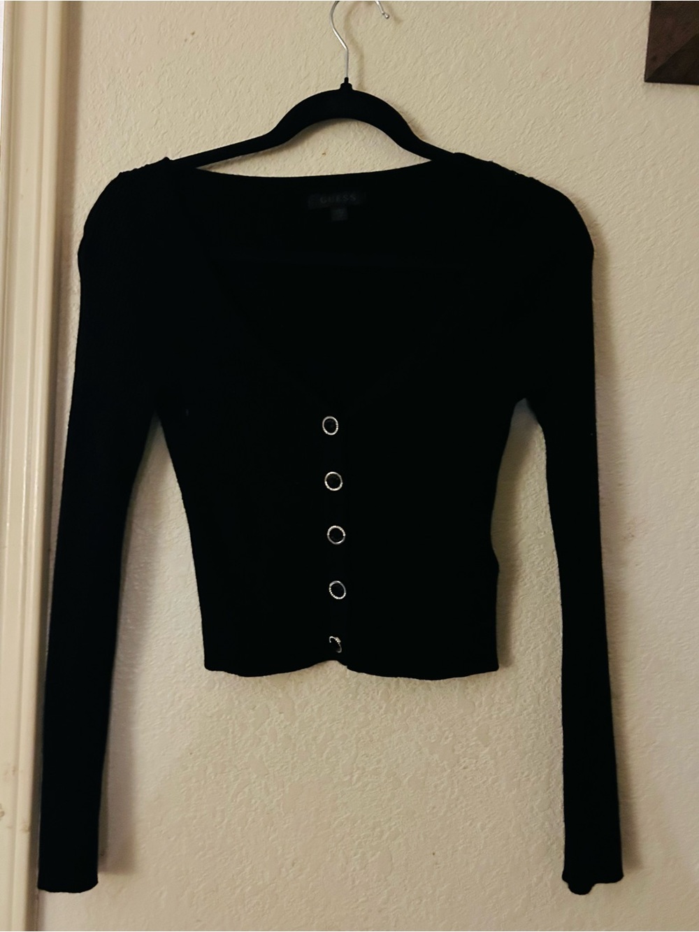 Guess Black Long-Sleeve Crop Cardigan with Silver Ring Buttons